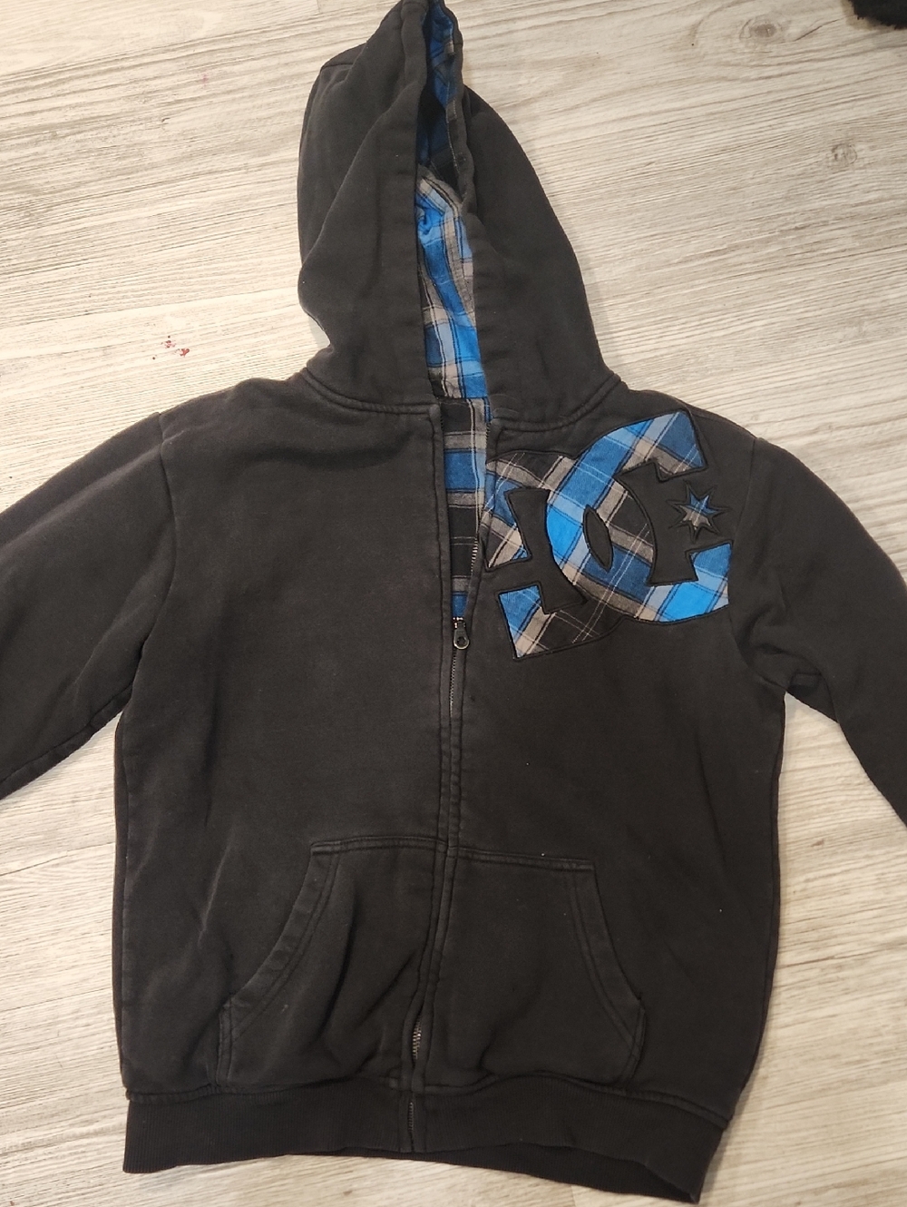 DC Boys Black Zip Hoodie with Blue Plaid Trim